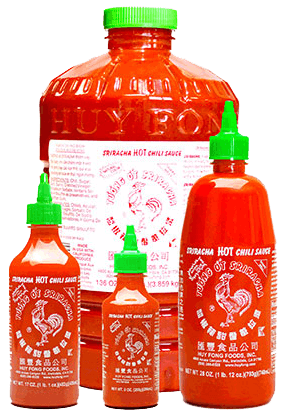 Bottles of Huy Fong Sriracha Hot Chili Sauce.